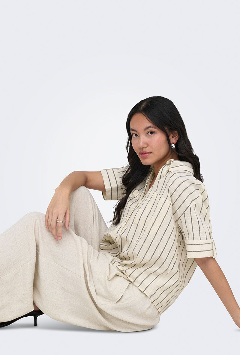 Front image of a model wearing Tizana stripe s/s shirt in stripe, by brand Only