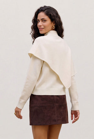 Back image of a model wearing the Camila ls cape higneck pullover in cream, by brand Vero moda