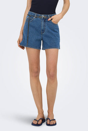 Front image of a model wearing Vega mw west belt denim shorts in denim, by brand Only