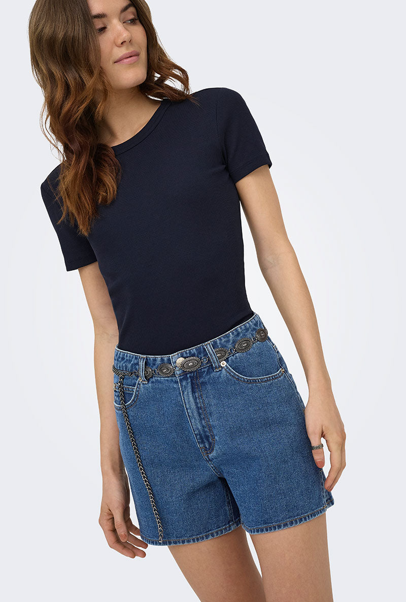 Front image of a model wearing Vega mw west belt denim shorts in denim, by brand Only