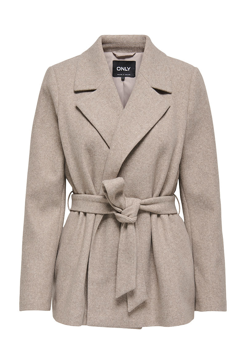 Front image of Vilda short wrap coat in light brown, by brand Only