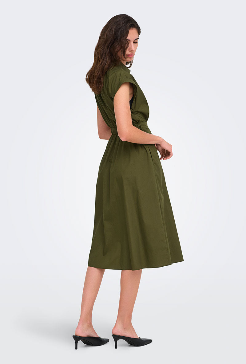 Back image of a model wearing Willy cap sleeve midi dress in olive, by brand Jacqueline de yong