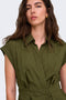 Front image of a model wearing the Willy cap sleeve midi dress in olive, by brand Jacqueline de yong