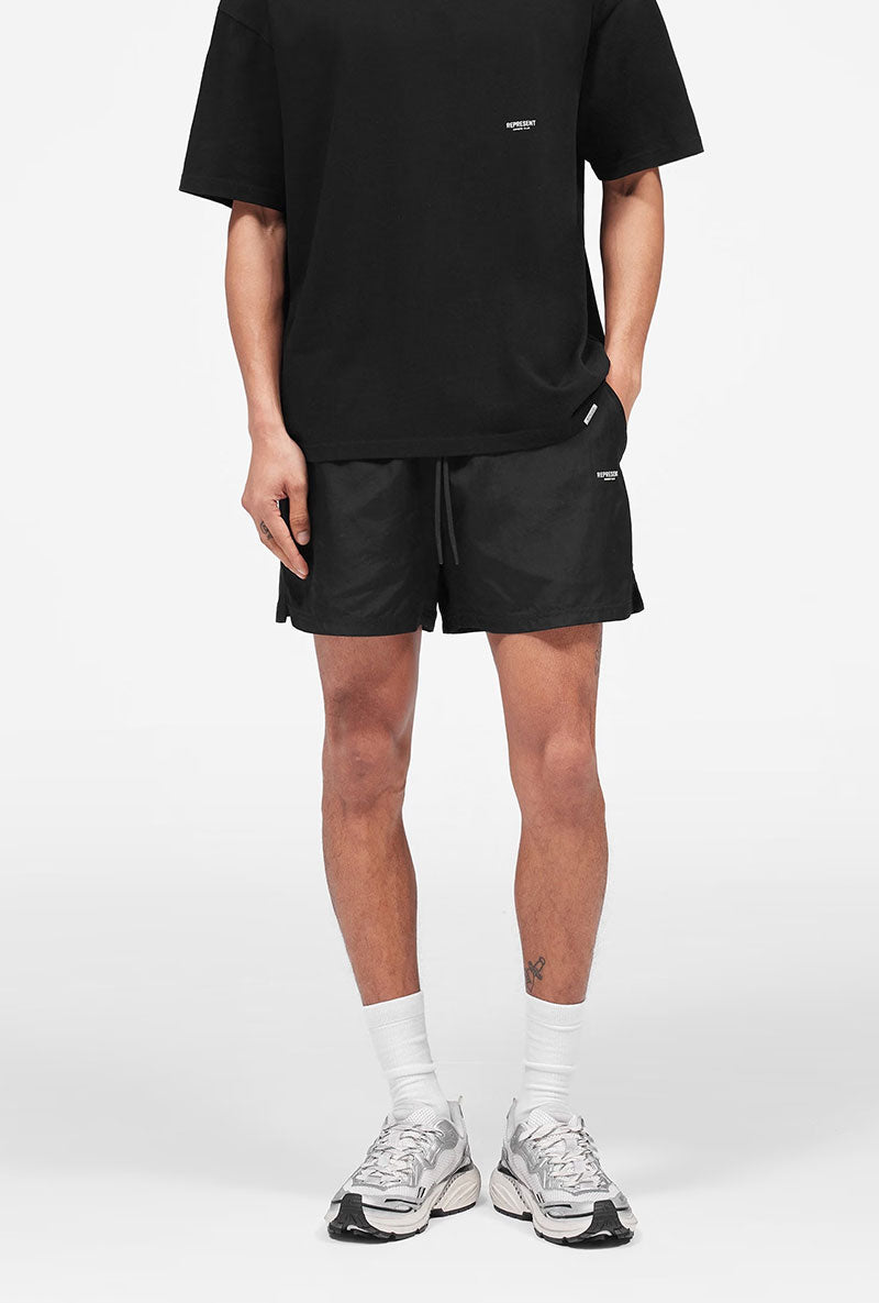 Front image of a model wearing Micro owners club swimshorts in black, by brand Represent
