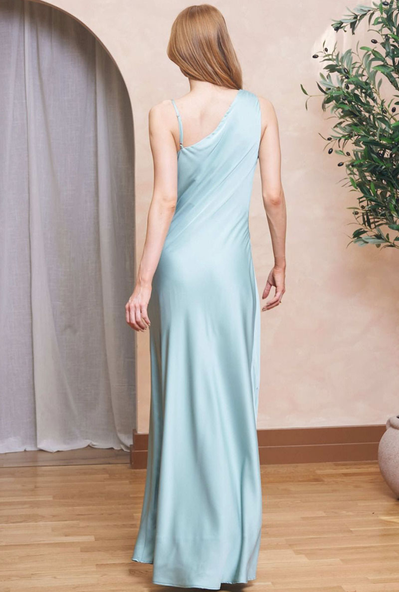 Back image of a model wearing Sammy satin  maxi dress in aqua, by brand Tfnc