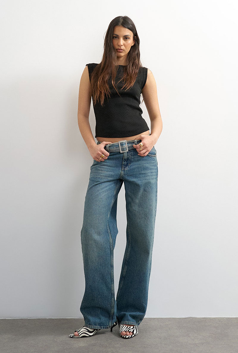 Front image of a model wearing Adela sl rib boyfriend tank top in black, by brand Top shop