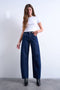 Front image of a model wearing Barrel hr denim jeans in dark denim, by brand Top shop