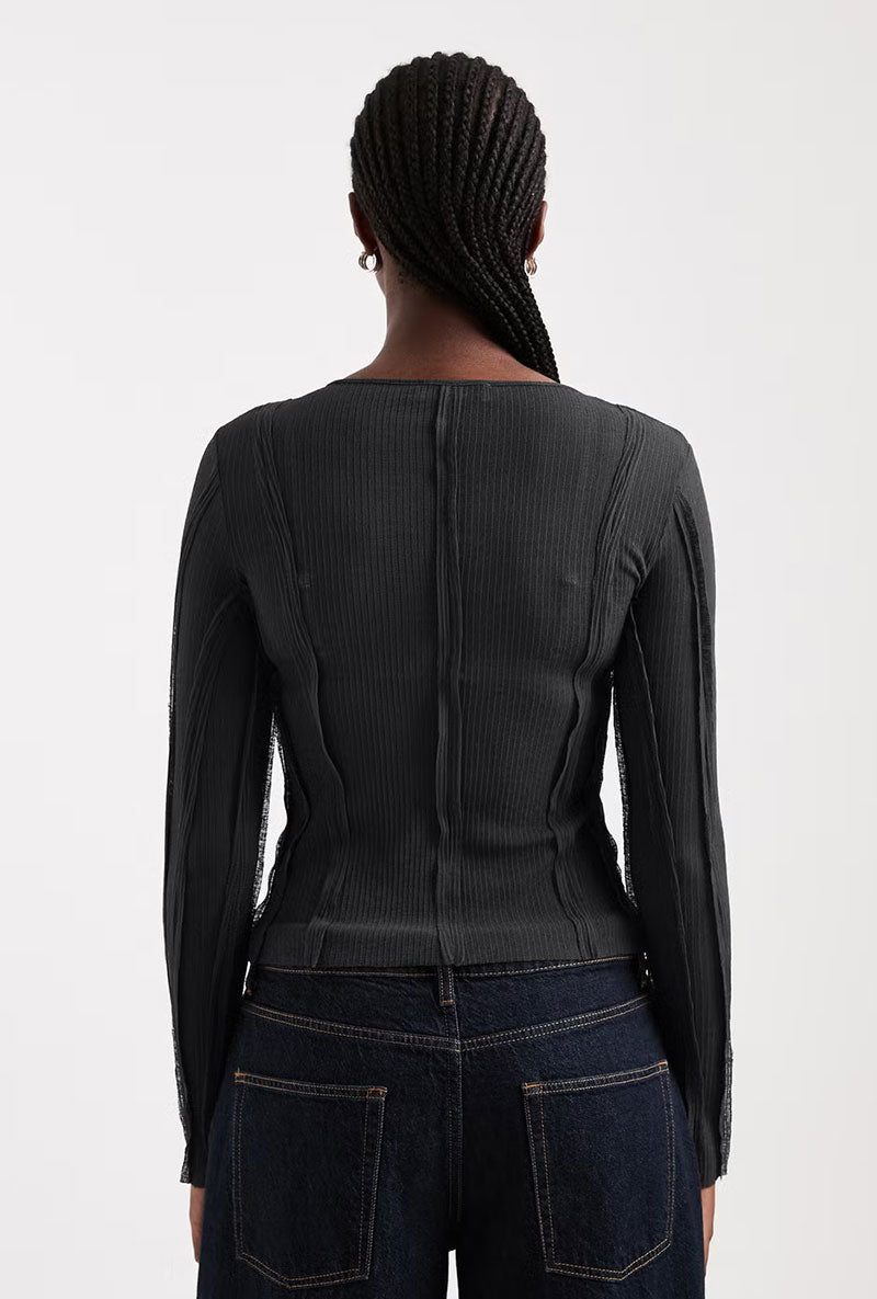 Back image of a model wearing Belma l/s oneck sheer top in black, by brand Top shop