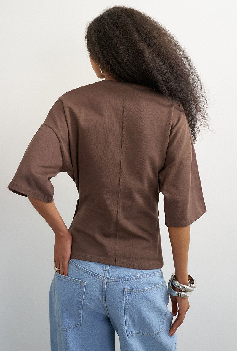 Back image of a model wearing Betja ss wrap tshirt in chocolate, by brand Top shop