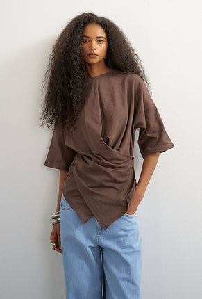 Front image of a model wearing Betja ss wrap tshirt in chocolate, by brand Top shop