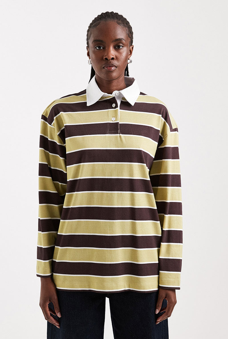 Front image of a model wearing Bibs ls stripe polo top in green, by brand Top shop