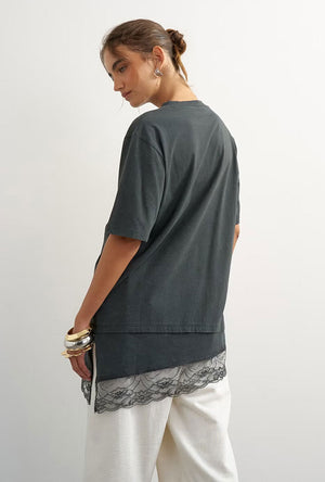 Back image of a model wearing the Brit ss lace floral tee in black, by brand Top shop