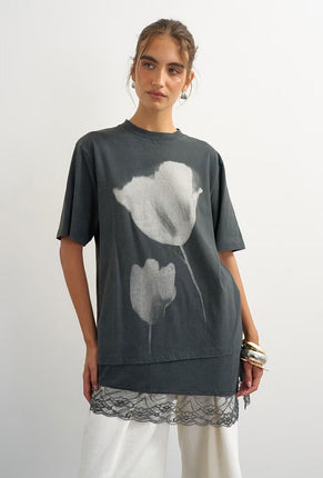 Front image of a model wearing Brit ss lace floral tee in black, by brand Top shop