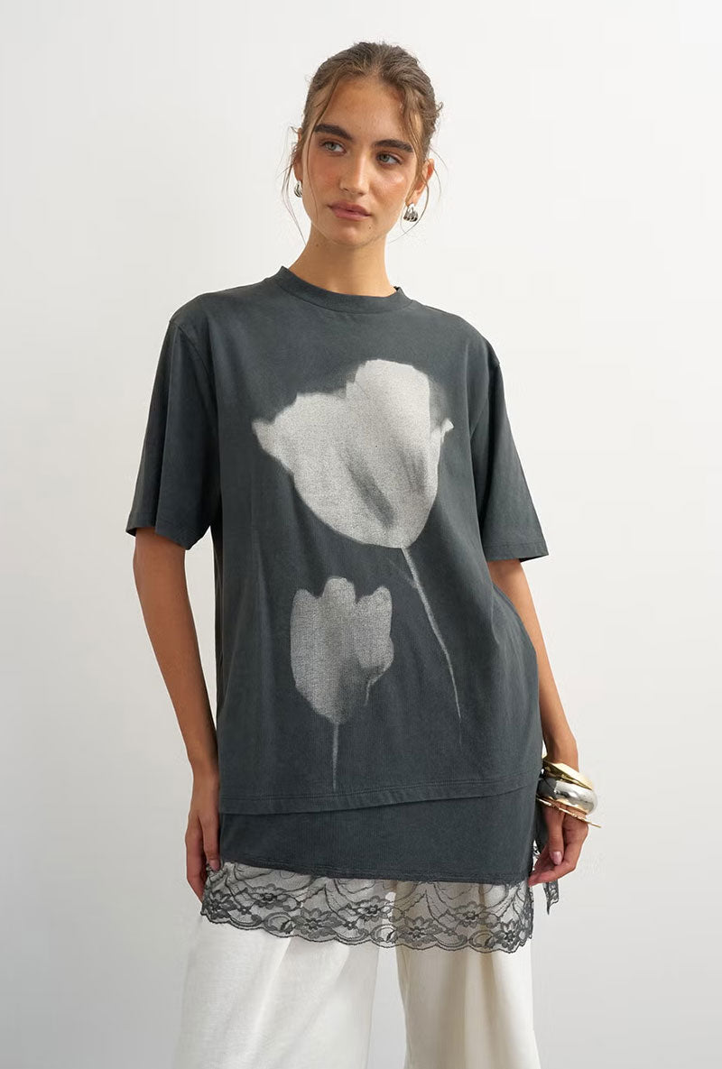 Front image of a model wearing Brit ss lace floral tee in black, by brand Top shop