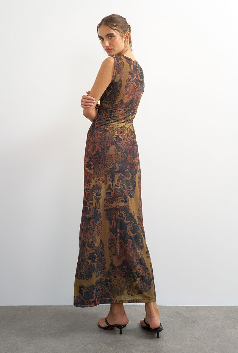 Back image of a model wearing Caisa mesh check maxi dress in brown, by brand Top shop