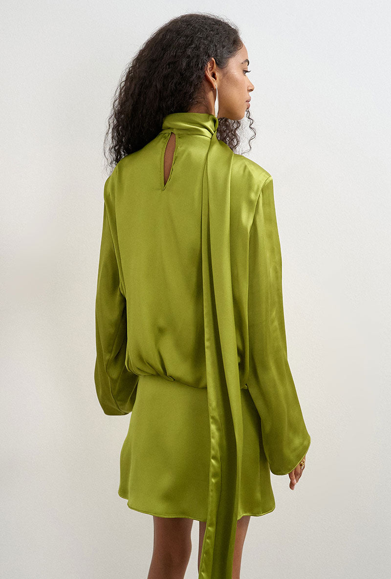 Back image of a model wearing Ceren satin scarf tie mini dress in green, by brand Top shop
