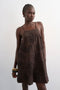 Front image of a model wearing the Mia trapeze mini dress in chocolate, by brand Top shop