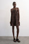 Front image of a model wearing Mia trapeze mini dress in chocolate, by brand Top shop