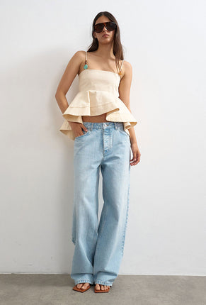 Front image of a model wearing Mina sl top in cream, by brand Top shop