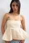 Front image of a model wearing the Mina sl top in cream, by brand Top shop