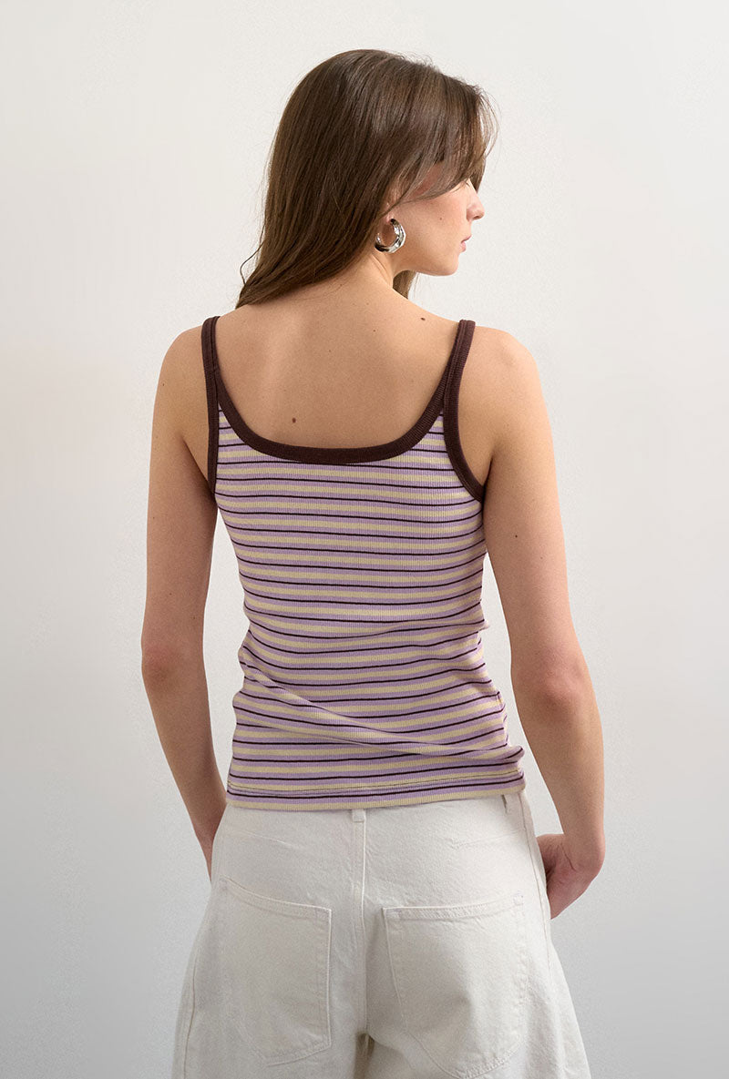 Back image of a model wearing Molly sl stripe scoop rib vest in purple, by brand Top shop