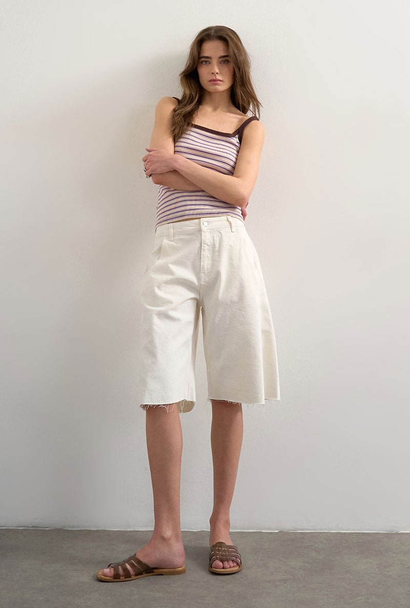 Front image of a model wearing Molly sl stripe scoop rib vest in purple, by brand Top shop