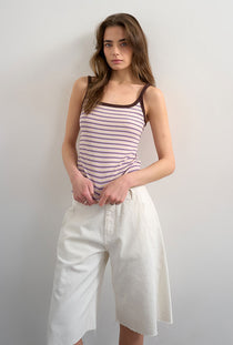 Front image of a model wearing the Molly sl stripe scoop rib vest in purple, by brand Top shop
