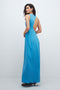 Back image of a model wearing the Nana beaded neck maxi dress in blue, by brand Top shop