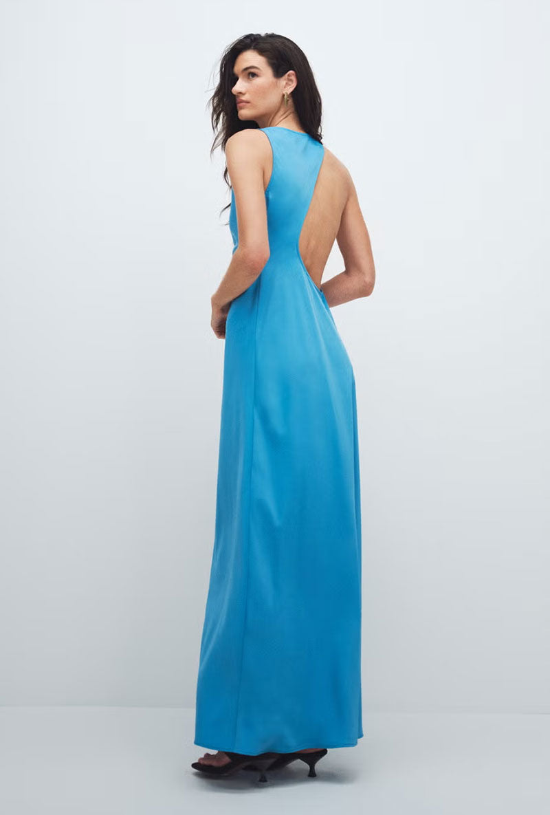 Back image of a model wearing Nana beaded neck maxi dress in blue, by brand Top shop
