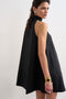 Back image of a model wearing the Sara sl trapeze mini dress in black, by brand Top shop