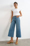 Front image of a model wearing the Vera hr wide cropped jeans in denim, by brand Top shop