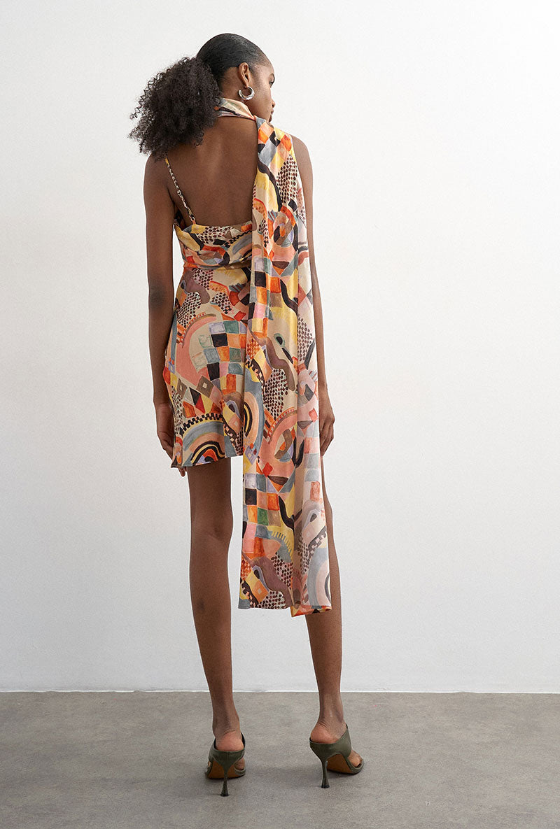 Back image of a model wearing Viva draped scarf mini dress in multi, by brand Top shop
