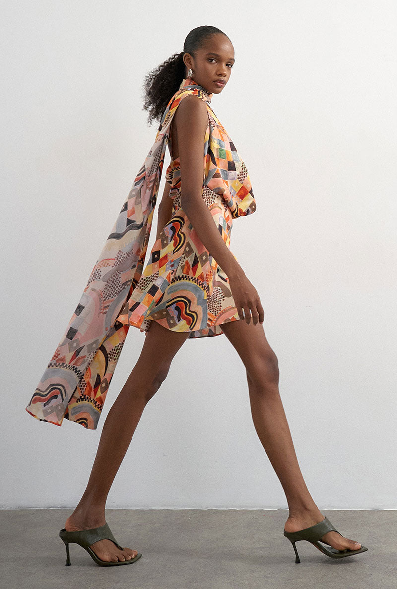 Front image of a model wearing Viva draped scarf mini dress in multi, by brand Top shop