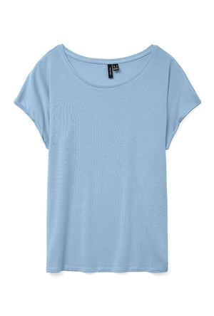 Front image of the Ava plain ss top in blue, by brand Vero moda