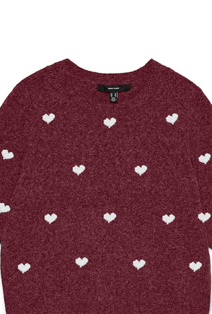 Front detail image of the Doffy intarsia oneck pullover in burgundy, by brand Vero moda