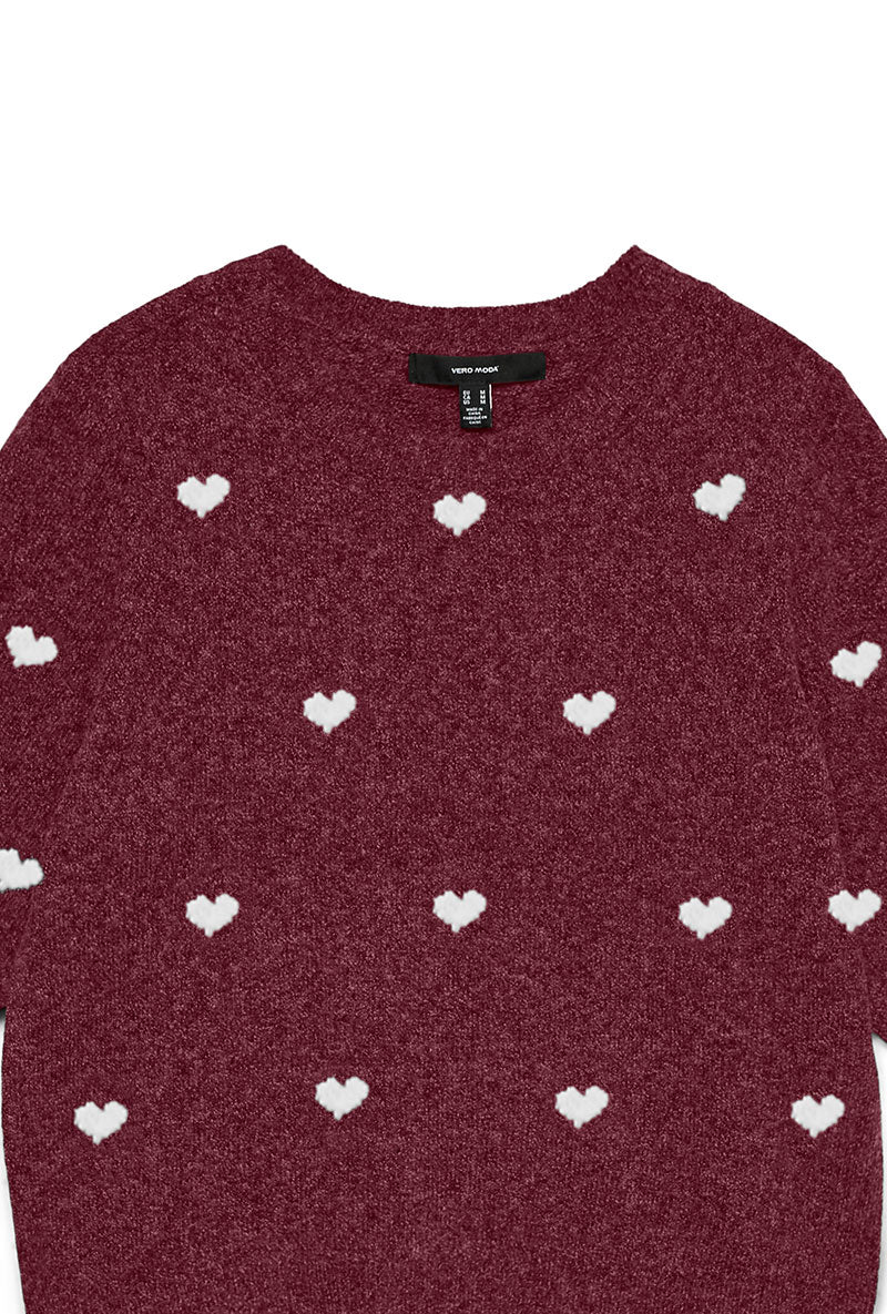 Front detail image of Doffy intarsia oneck pullover in burgundy, by brand Vero moda