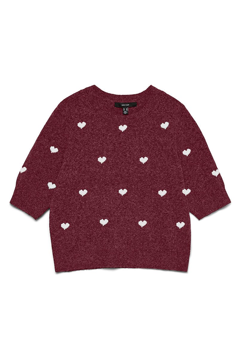 Front image of Doffy intarsia oneck pullover in burgundy, by brand Vero moda