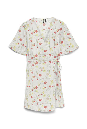 Front image of Josie ss wrap short dress in white, by brand Vero moda