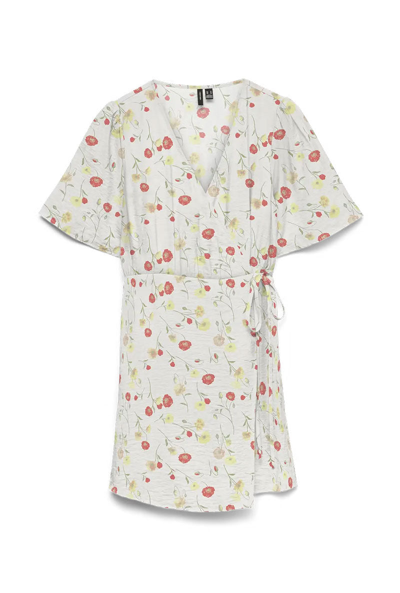 Front image of Josie ss wrap short dress in white, by brand Vero moda