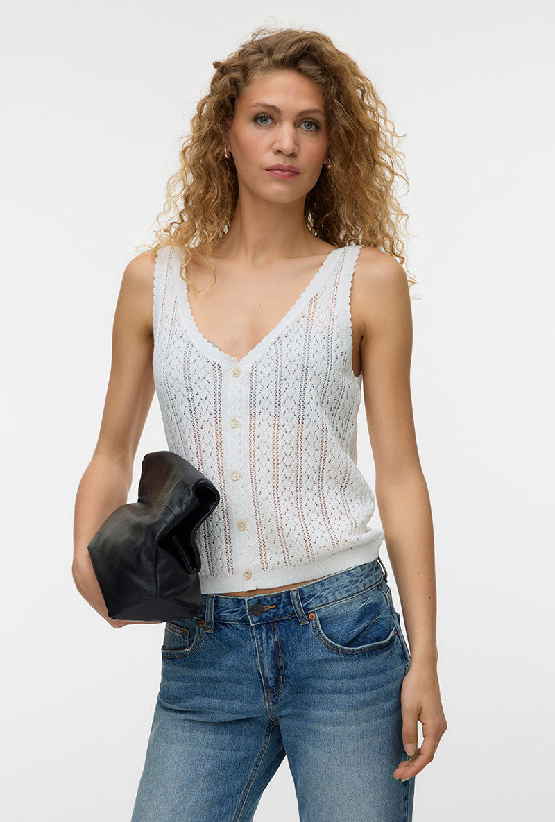 Front image of a model wearing Lux light s/l top in white, by brand Vero moda