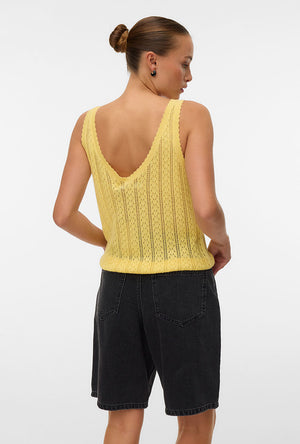 Back image of a model wearing the Lux light s/l top in yellow, by brand Vero moda