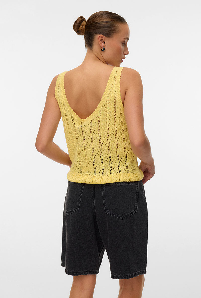 Back image of a model wearing Lux light s/l top in yellow, by brand Vero moda