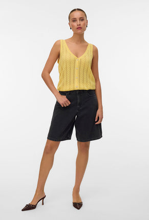 Front image of a model wearing Lux light s/l top in yellow, by brand Vero moda