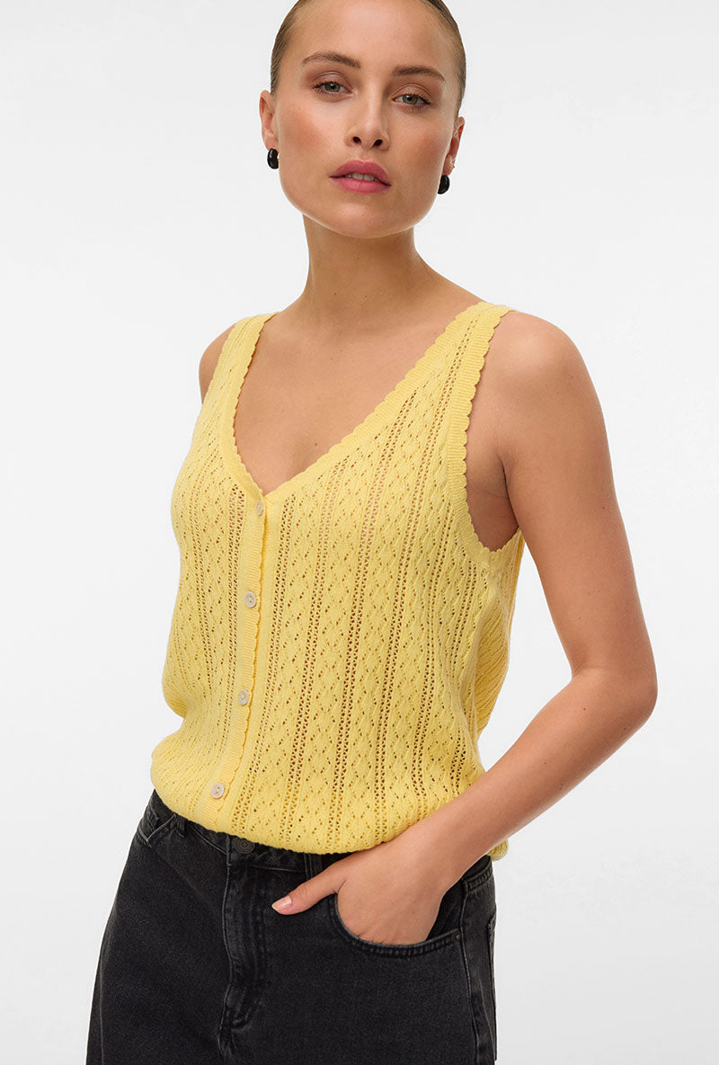 Front image of a model wearing Lux light s/l top in yellow, by brand Vero moda