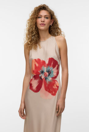 Front image of a model wearing Reba hibisca ankle dress in beige, by brand Vero moda