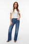 Front image of a model wearing the Asta lr bootcut jeans in denim, by brand Vero moda