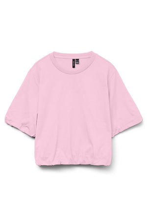 Front image of the Aya penny ss cropped top in pink, by brand Vero moda