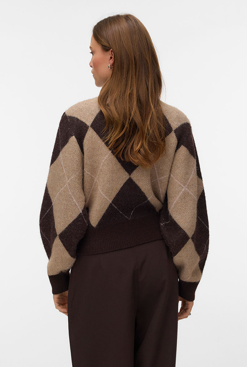 Back image of a model wearing Darla ls rollneck pullover in chocolate, by brand Vero moda