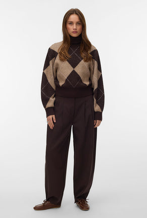 Front image of a model wearing Darla ls rollneck pullover in chocolate, by brand Vero moda