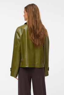 Back image of a model wearing the Dash short coated jacket in green, by brand Vero moda